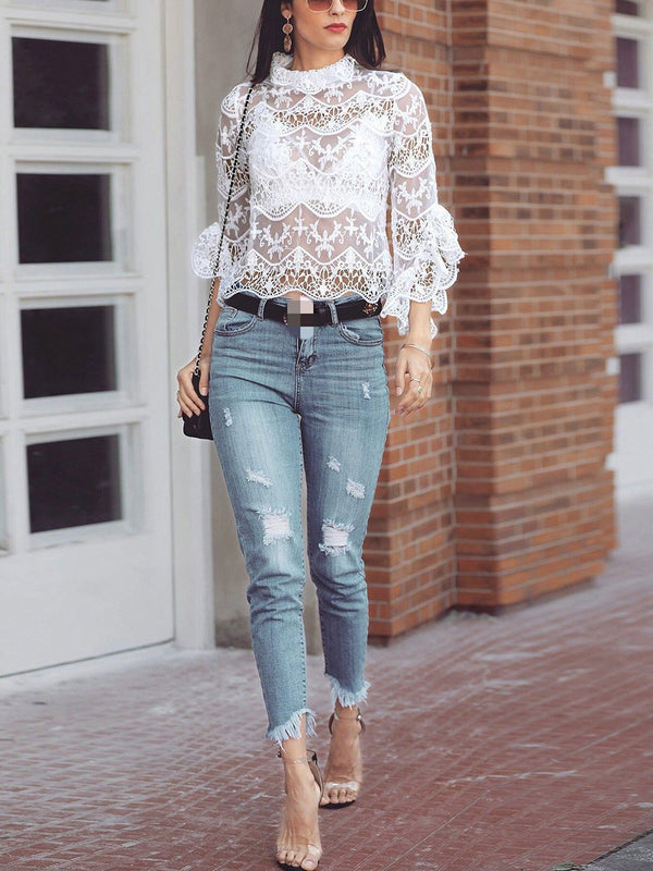 Openwork Perspective Lace Trumpet Sleeve Blouse