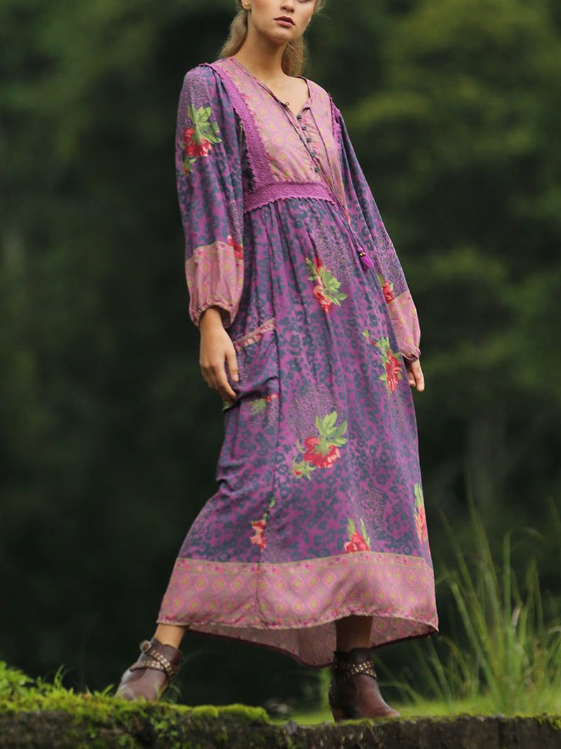 Slim Long-sleeved Purple Vintage Bohemian Dress