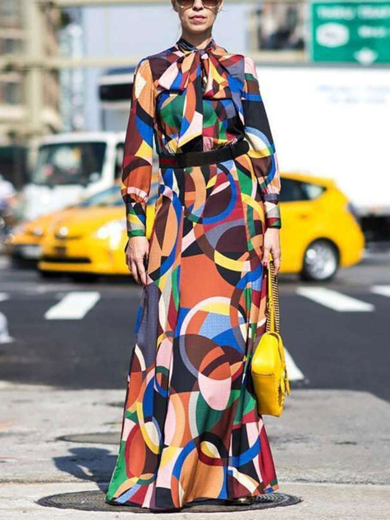 Bohemian Geometric Print Long Sleeve Split Dress Maxi Dress