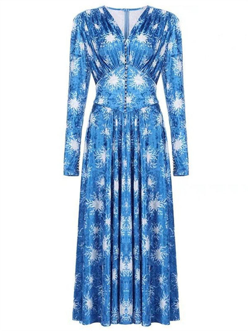 Blue Stars Elegant Vintage V-Neck Long Sleeve Dress