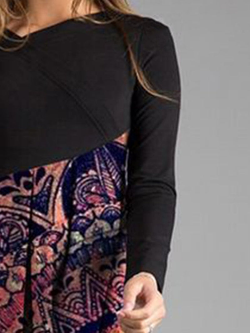 Black long sleeve casual floral print maxi dress