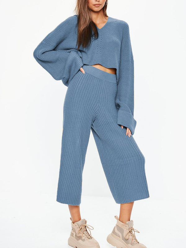 Loose Casual Long-Sleeved V-Neck Top Wide Leg Pants Knitted Suit