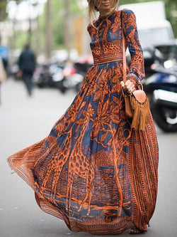 Bohemian Fashion Long Sleeve Round Neck Print Dress