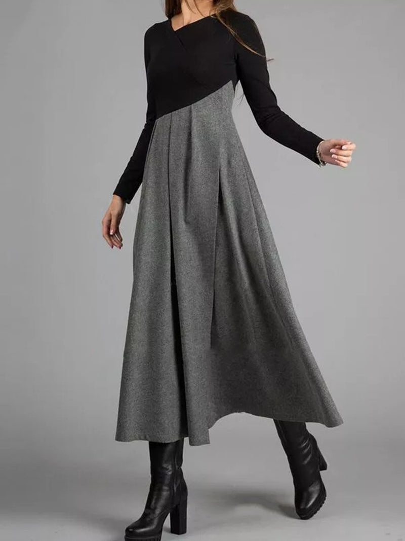 Grey Colorblock Long Sleeve Dress Elegant