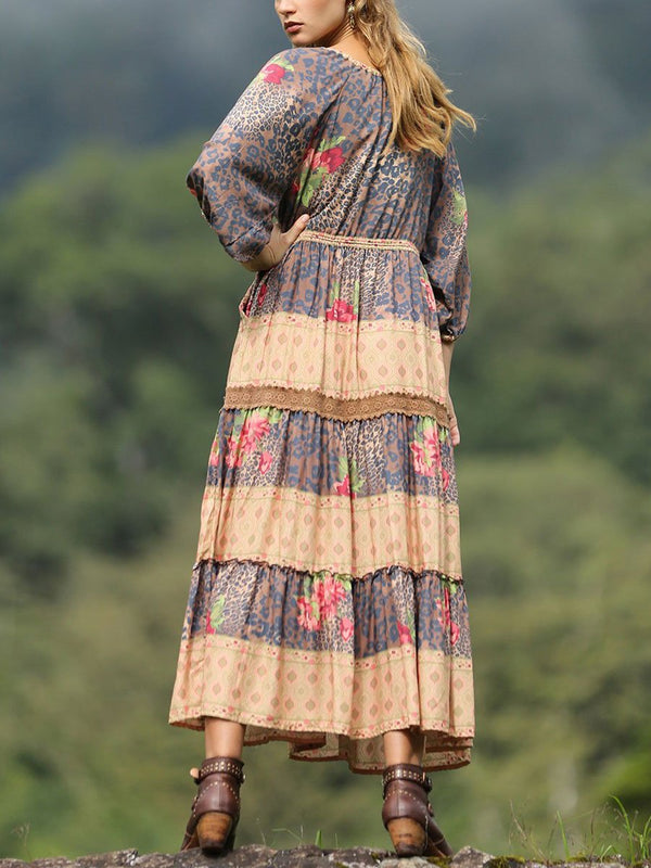 Splicing Contrast Long-sleeved Bohemian Dress