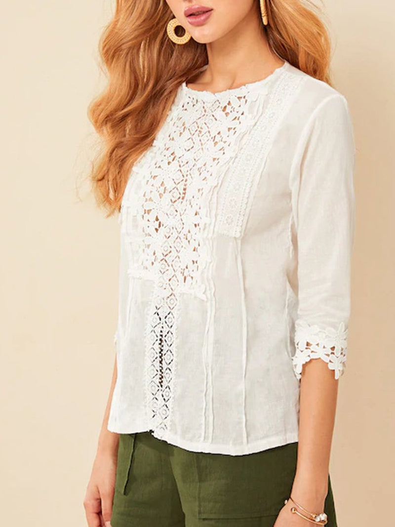 White Petal Stitching Cotton Openwork Blouse