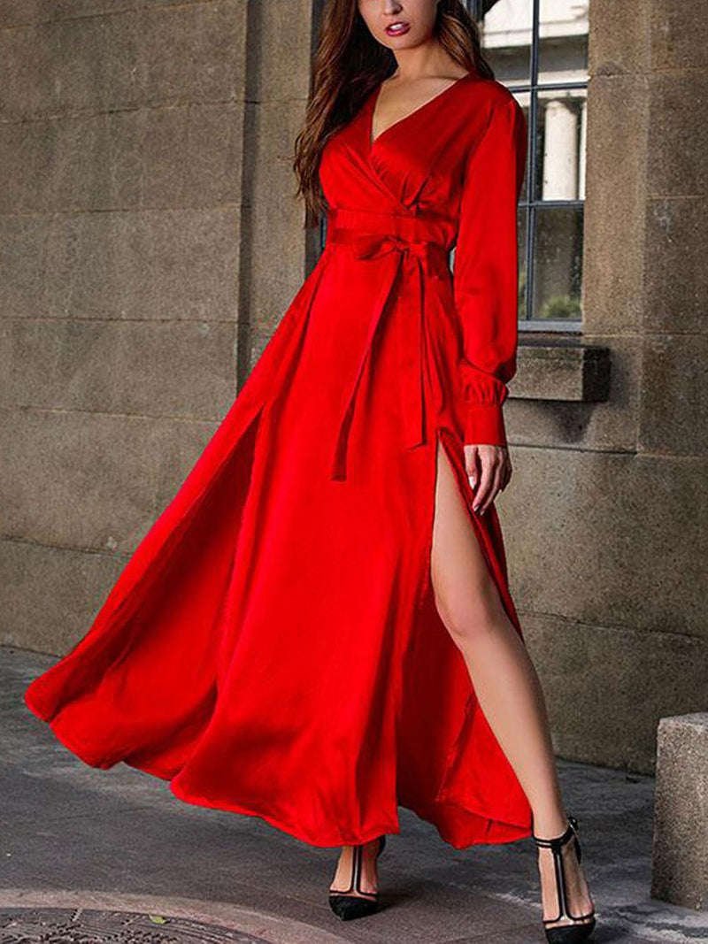 Bohemian Deep V-Neck Dress Slit Maxi Dress