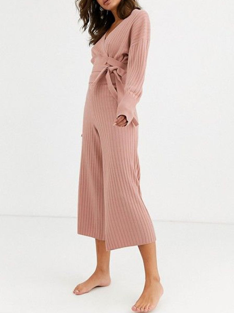 Casual Loose V-Neck Strap Long Sleeve Wide Leg Pants Knitted Suit