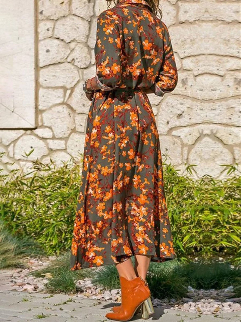 Bohemian Print Casual V-neck Long Sleeve High Waist  Dress