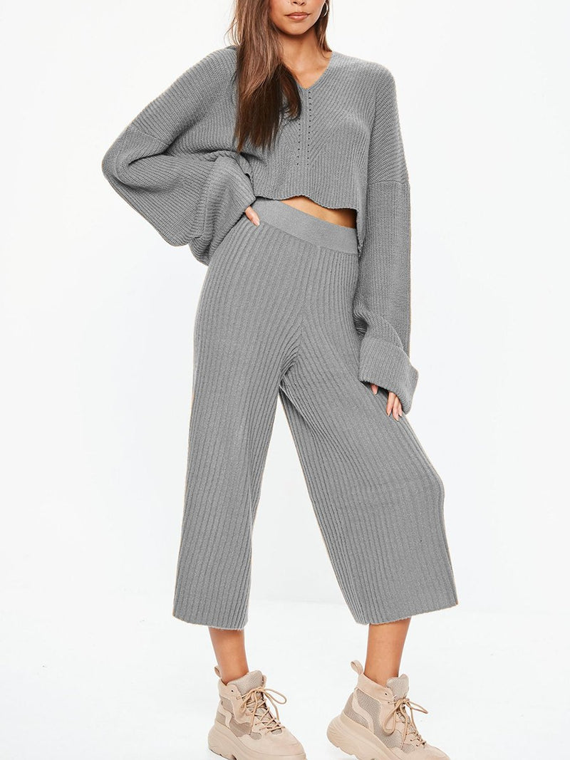 Loose Casual Long-Sleeved V-Neck Top Wide Leg Pants Knitted Suit