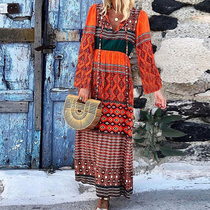 Stylish V-neck Bohemian Loose Print Dress