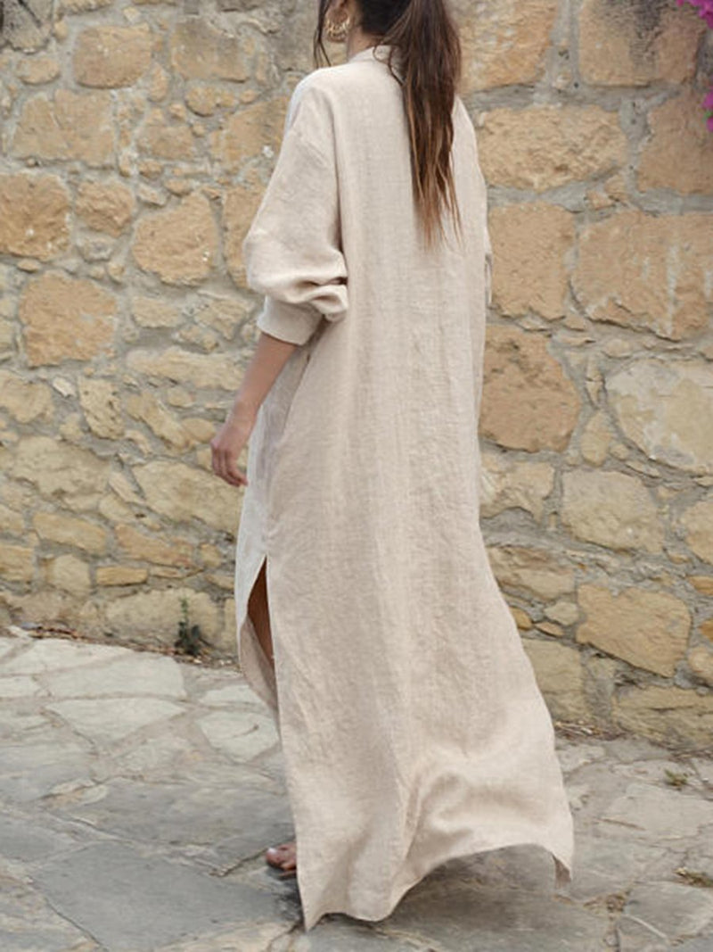 Cotton And V-Neck Loose Long-Sleeved Side Slit Long Dress