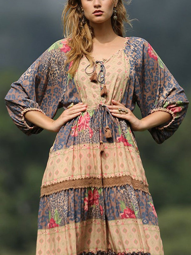 Splicing Contrast Long-sleeved Bohemian Dress