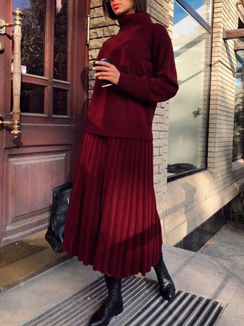 Casual Pleated Skirt Solid Color Set