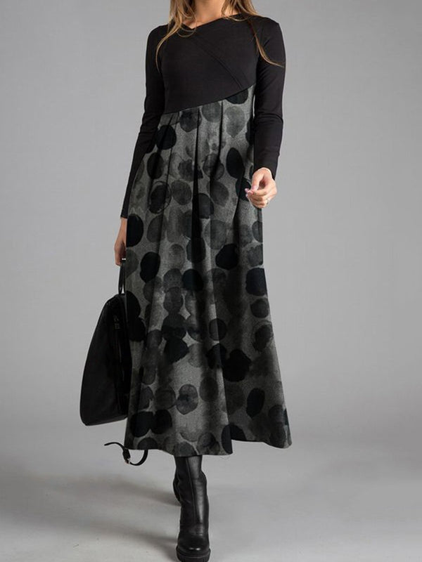 Grey Elegant Wave Casual Dot Print With Long Sleeve Dress