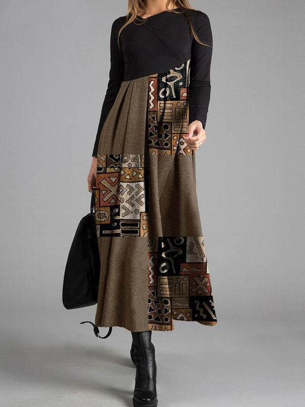 Vintage Elegant Print Colorblock Long Sleeve Dress