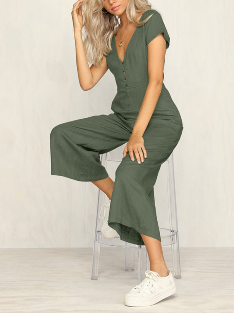 Casual V-neck Fashion Casual Pants Button Jumpsuit