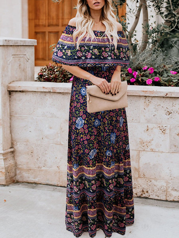 Bohemian Word Collar Off-the-shoulder Floral Dress