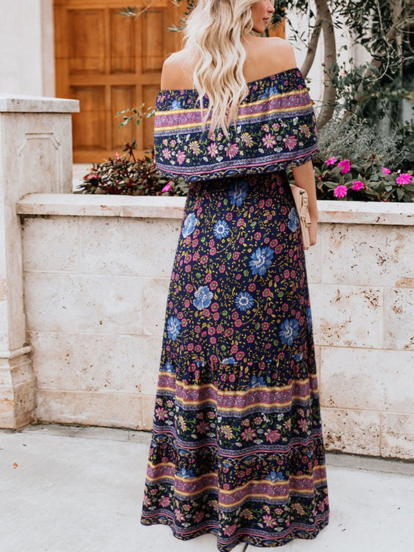 Bohemian Word Collar Off-the-shoulder Floral Dress