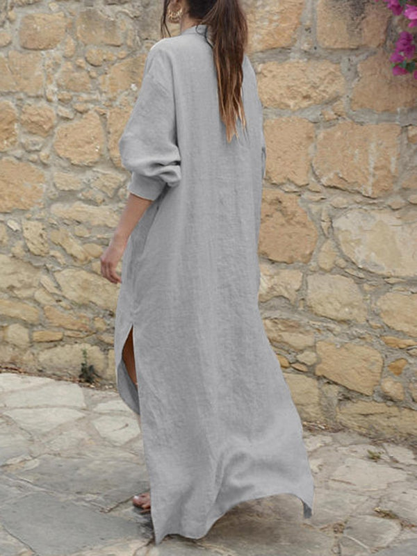 Cotton And V-Neck Loose Long-Sleeved Side Slit Long Dress