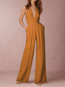 Sexy Sleeveless V-neck Halter Solid Color Jumpsuit