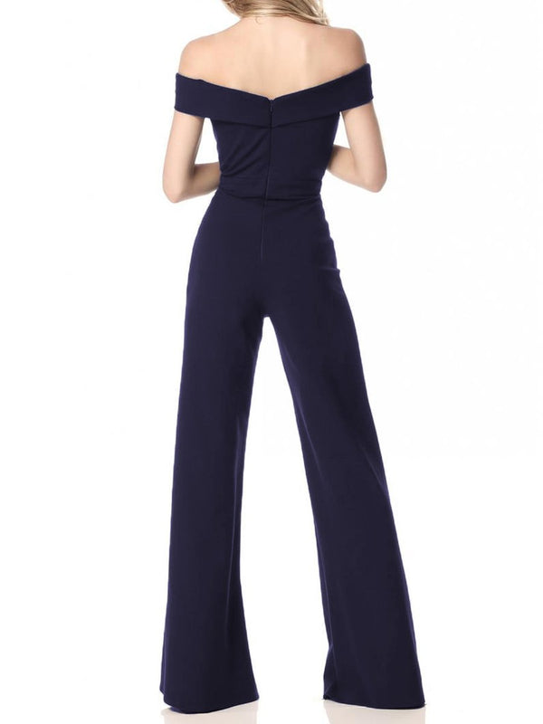 Sexy Word Shoulder Waist Pure Color Jumpsuit