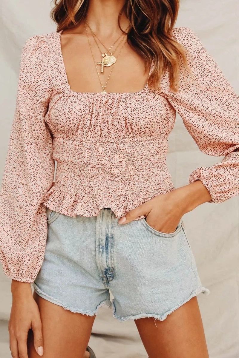 Small Floral Square Collar Lace Pleated Long Sleeve Blouse