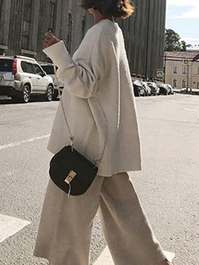 Fashion Loose Sweater Wide Leg Pants Two Piece Set