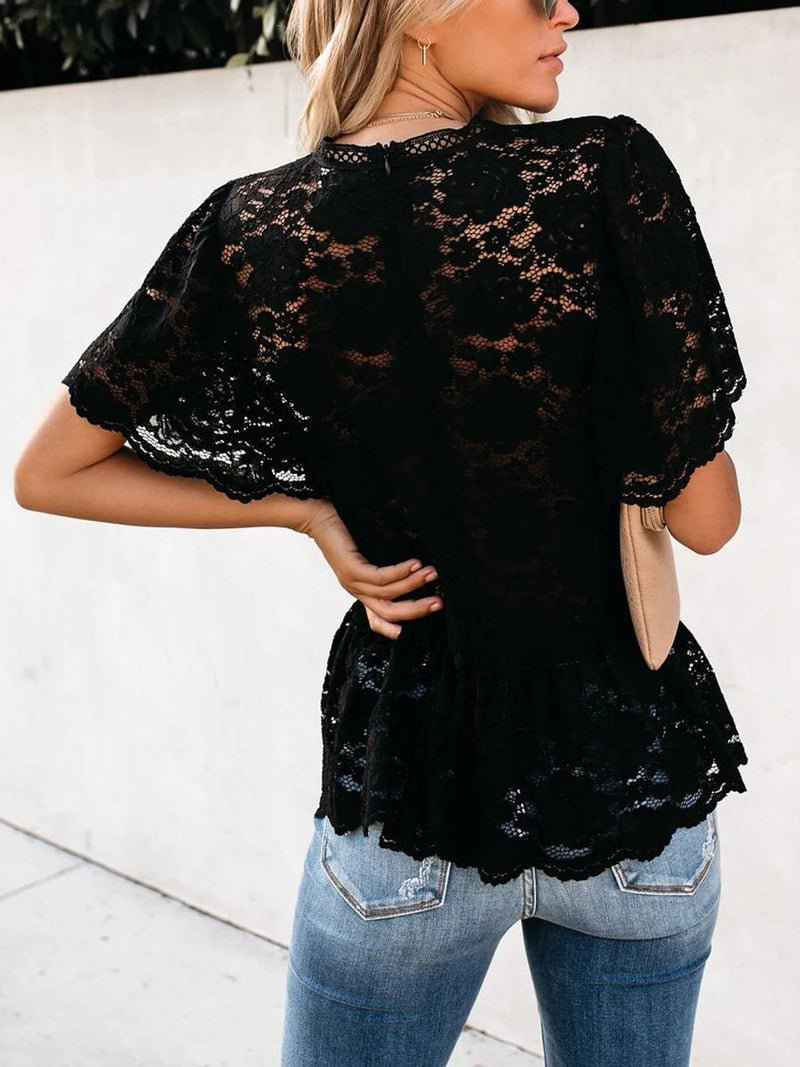 Embroidered Lace Sleeve Round Neck Short Sleeve Solid Color Shirt