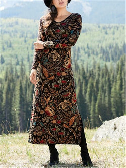 Elegant Vintage Loose Printed Long Sleeve V-Neck Knit Dress