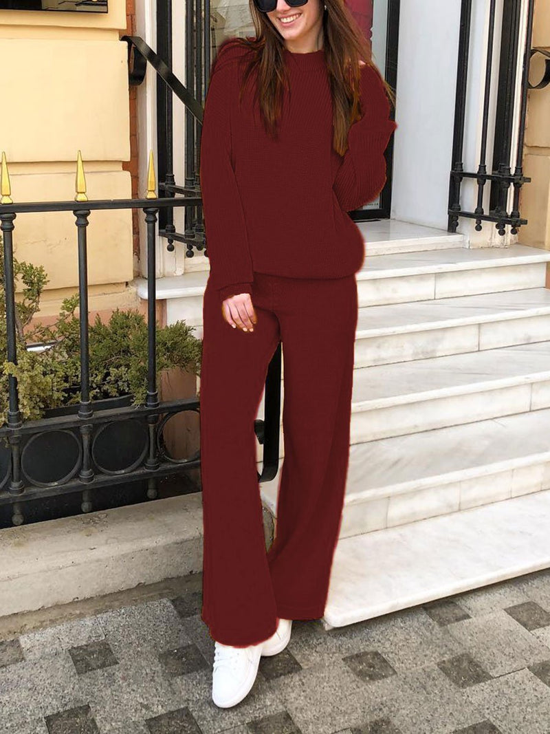 Fashion Loose Casual Long Sleeve Top Pants Knitted Suit