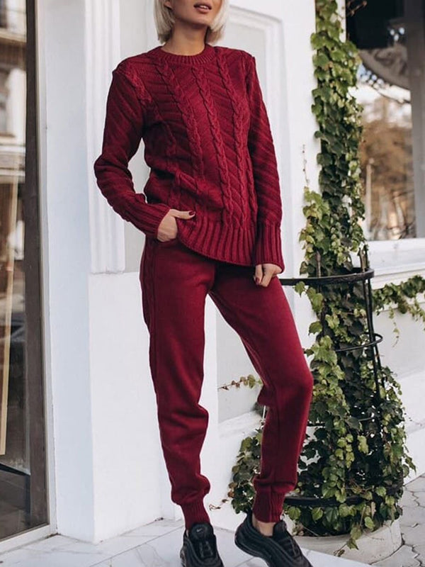 Loose Casual Long Sleeve Pullover Pocket Pants Knit Set