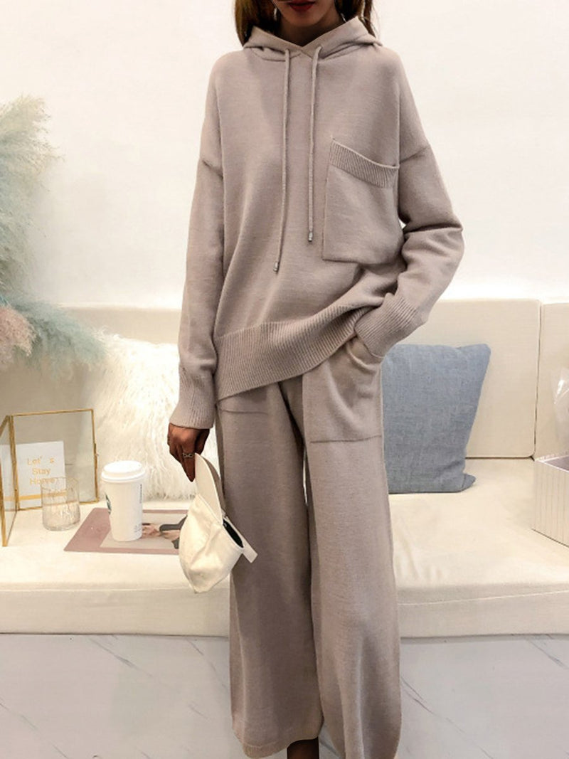 Casual Knit Hooded Loose Wide Leg Pants Two Piece Set