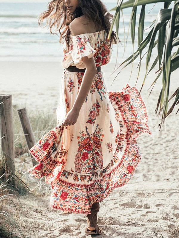 Bohemian Sexy Word Shoulder Vintage Print Dress