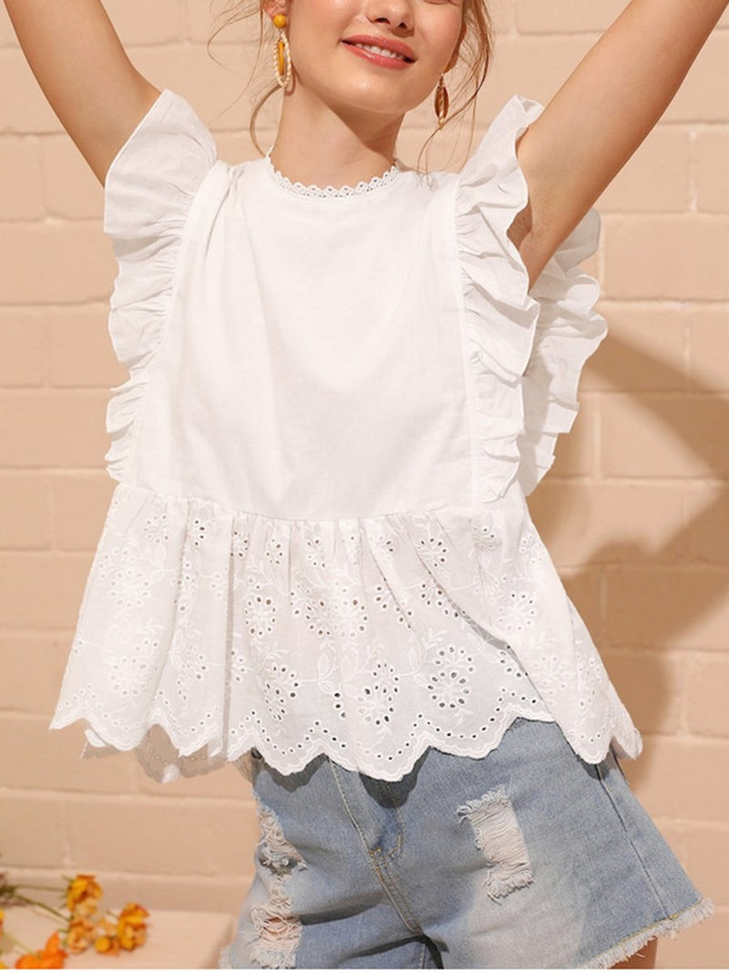 Holiday Style Lace Neckline Stitching Ruffled Sleeves Blouse