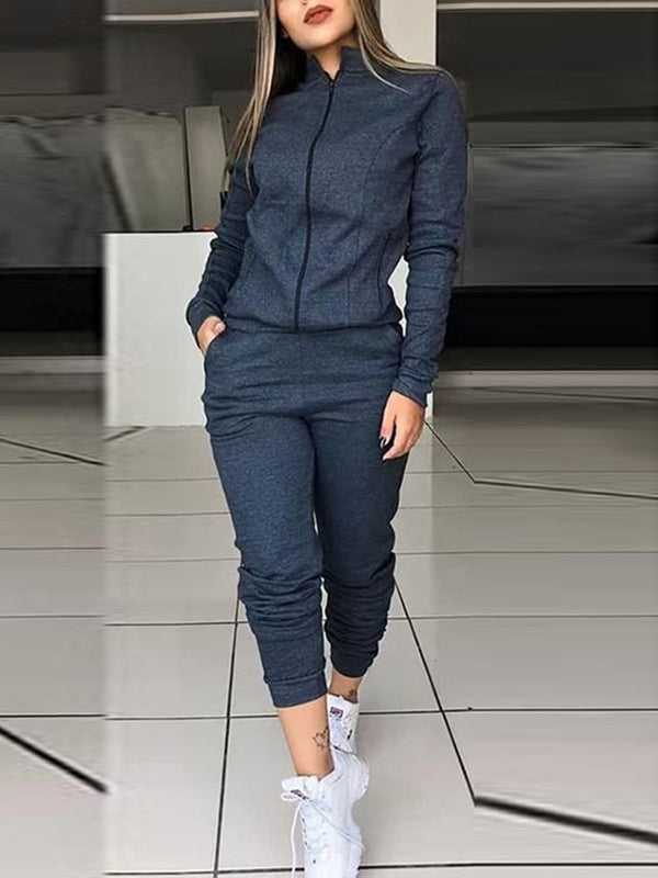 Casual Solid Color Long Sleeve Sports Suit