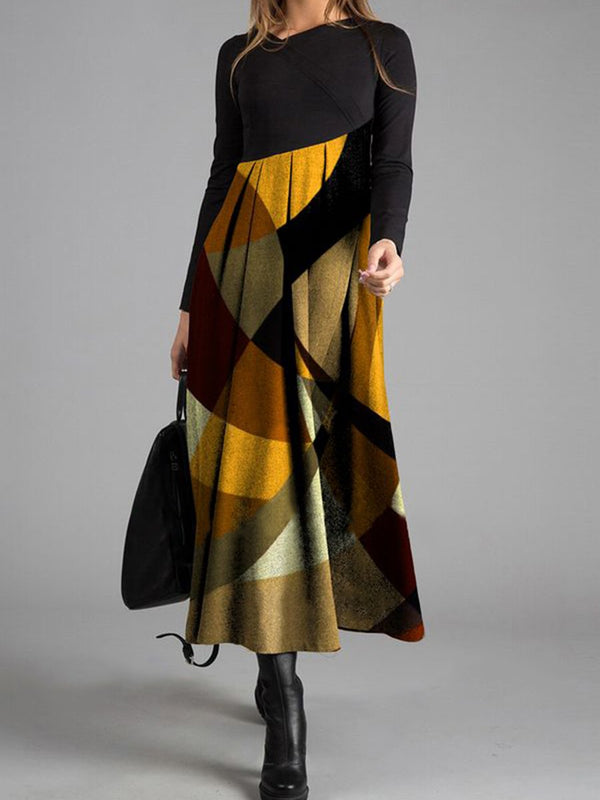 Black Elegant Colorblock Geometric Print Long Sleeve Dress