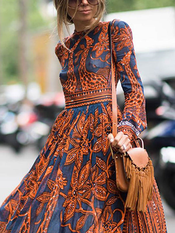 Bohemian Fashion Long Sleeve Round Neck Print Dress