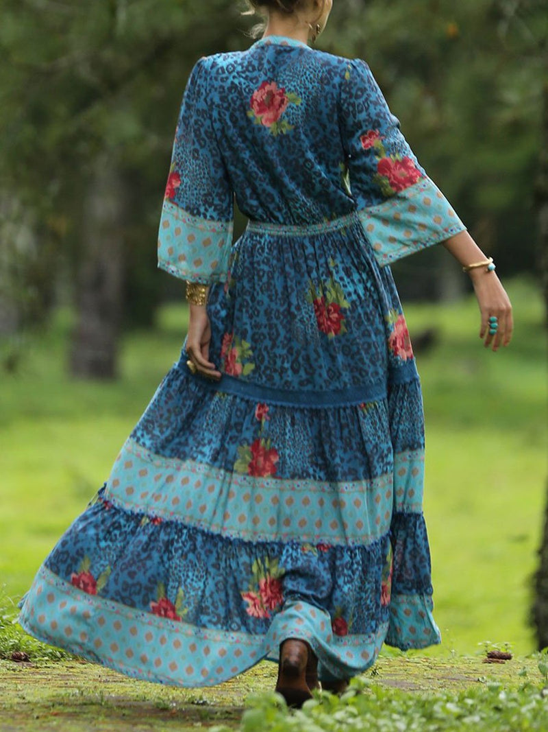 Contrast Long-sleeved Bohemian Dress