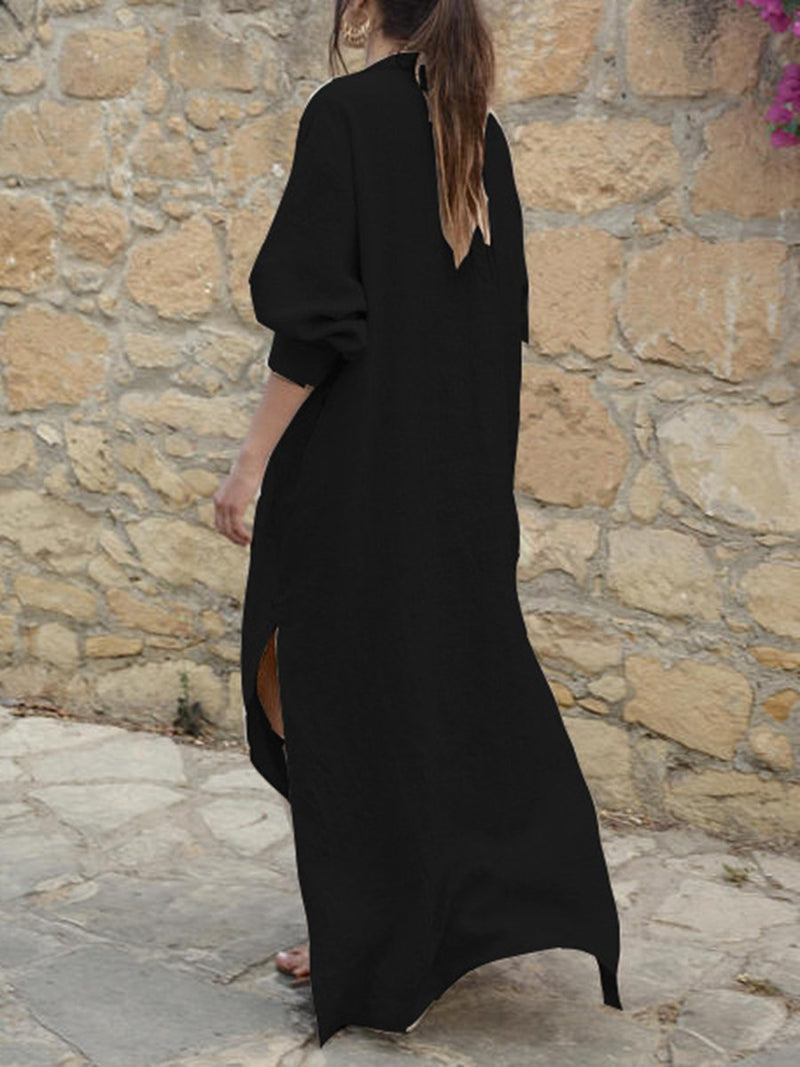 Cotton And V-Neck Loose Long-Sleeved Side Slit Long Dress