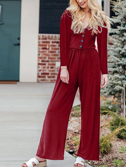 Loose Casual Long Sleeve Button Jumpsuit