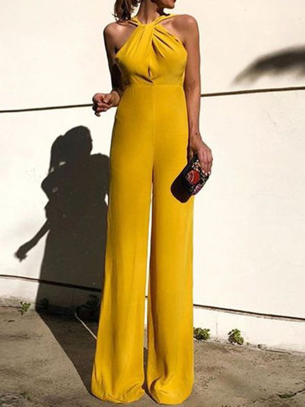 Sexy Sleeveless Halter Slim Solid Color Jumpsuit