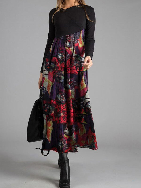 Elegant Vintage Long Sleeve Colorblock Printed Maxi Dress