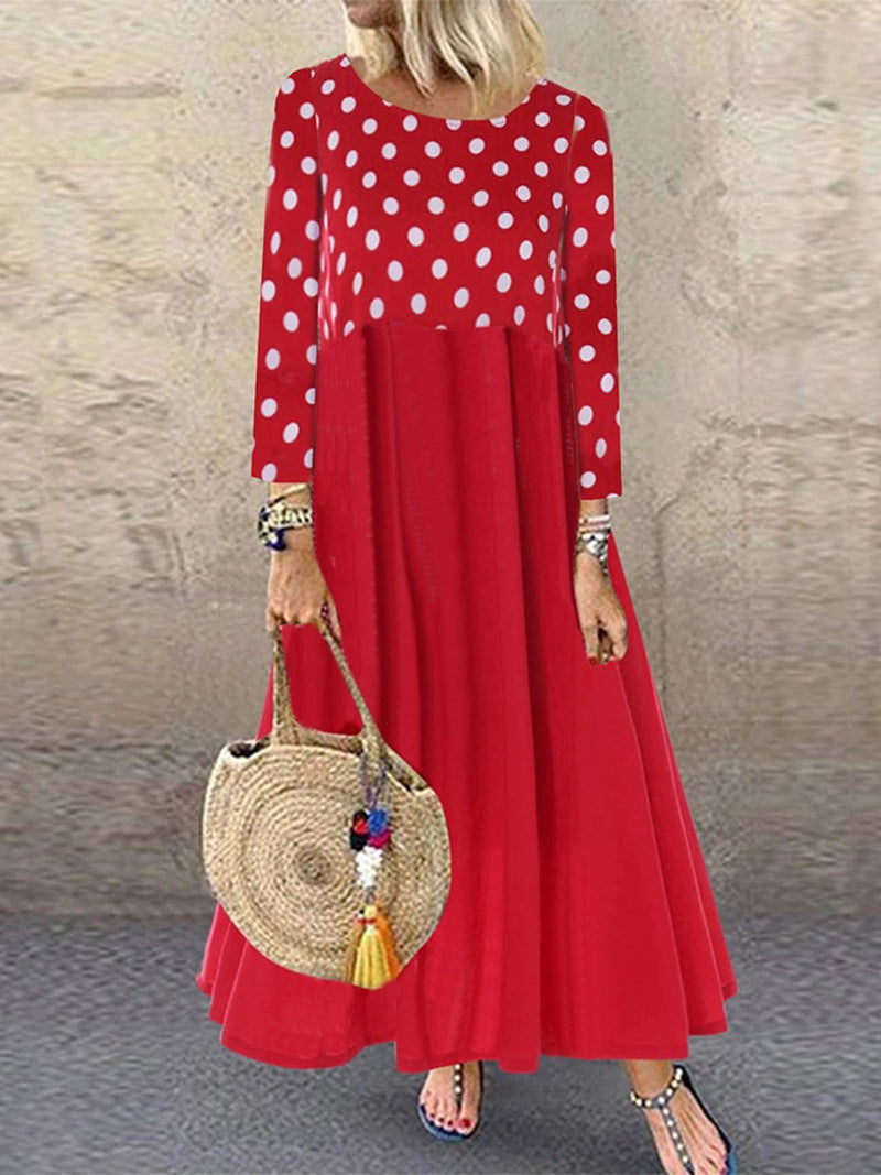 Polka Dot Panel Round Neck Long Sleeve Dress