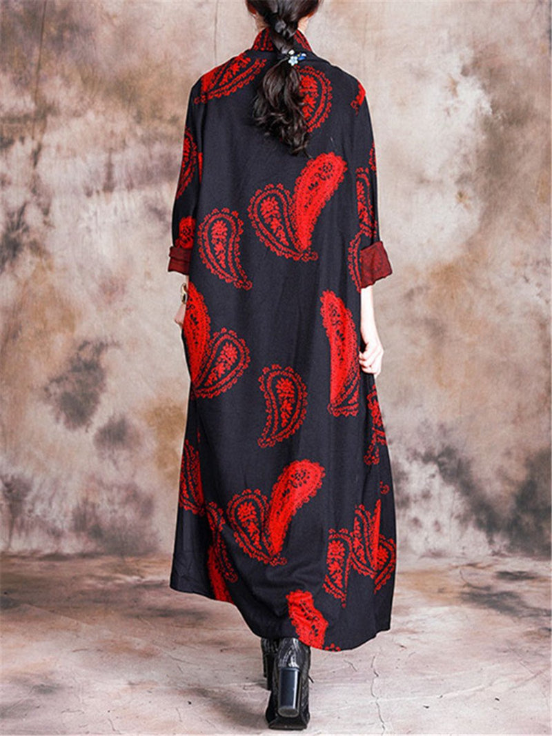 Stand Collar Printed Loose Maxi Dresses