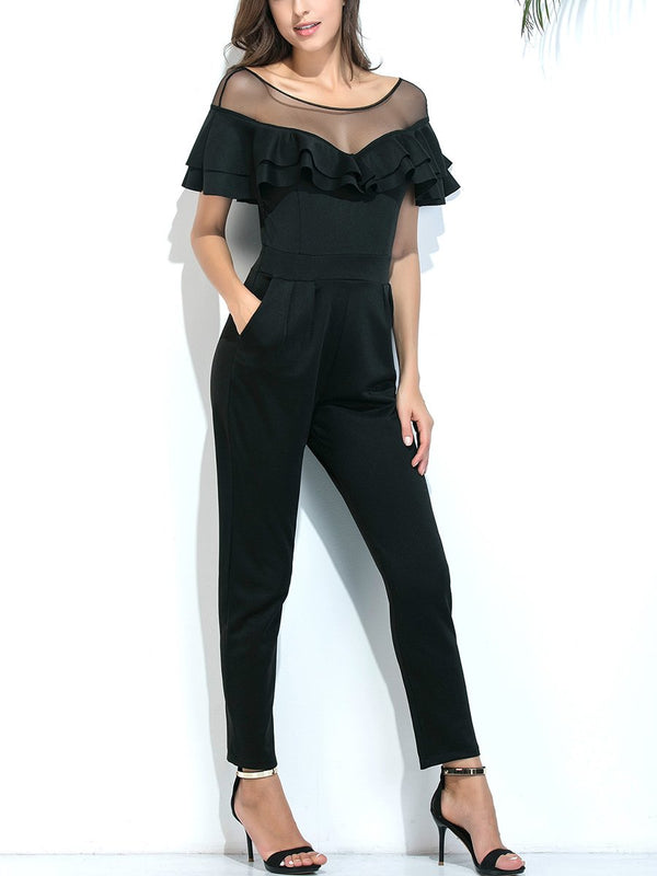 Sexy Mesh Stitching Ruffled Slim Jumpsuit