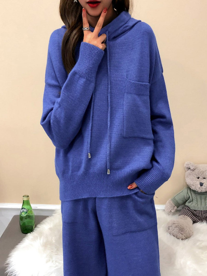 Casual Knit Hooded Loose Wide Leg Pants Two Piece Set