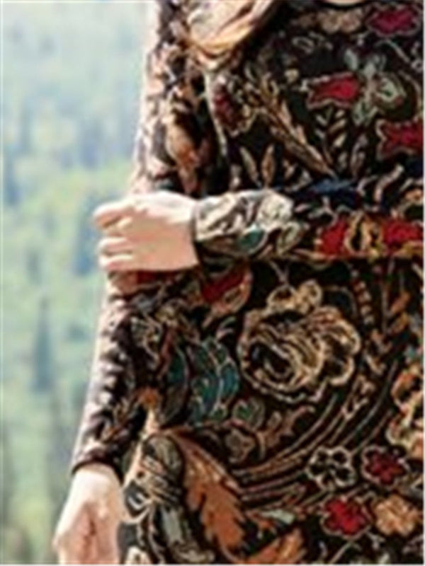 Elegant Vintage Loose Printed Long Sleeve V-Neck Knit Dress