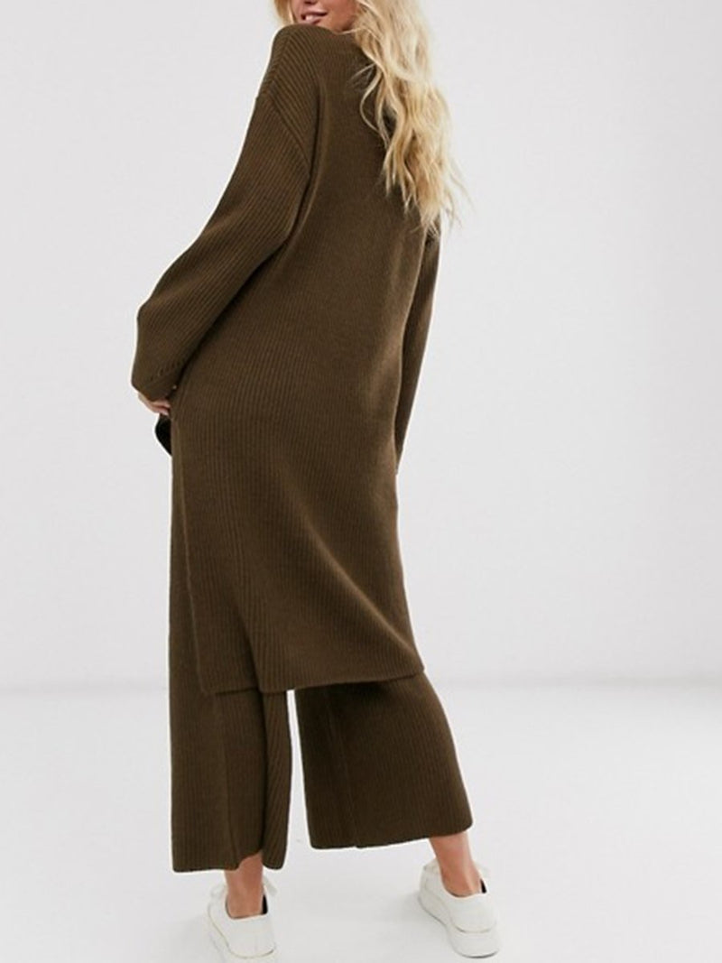 Loose Casual Long Sleeve Irregular Top Wide Leg Pants Knitted Suit