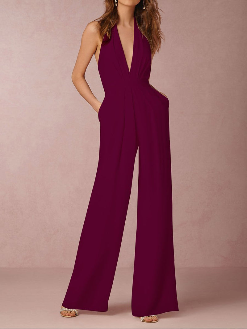 Sexy Sleeveless V-neck Halter Solid Color Jumpsuit